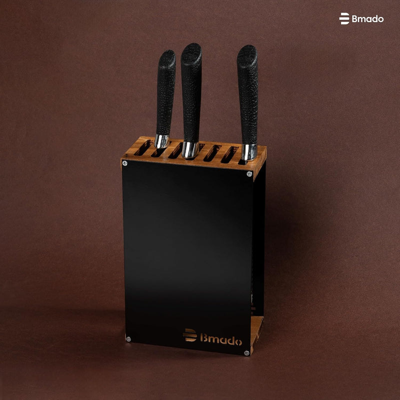 Bmado Premium Wood Knife Stand | 7-Slot Knife Block | Handcrafted Wooden Top with Full Metal Body | Modern Kitchen Countertop Cutlery Organizer | Durable Ventilated Design