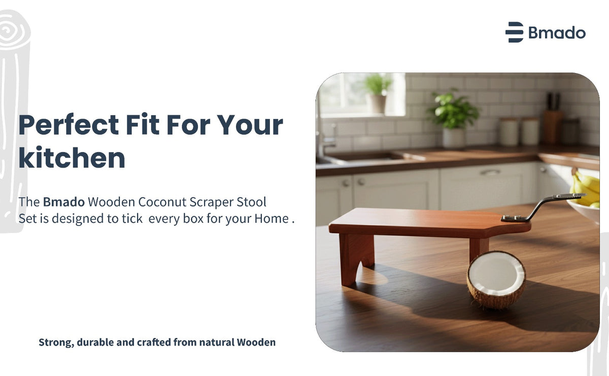 Bmado wooden coconut scraper stool on a kitchen counter with text about its features.