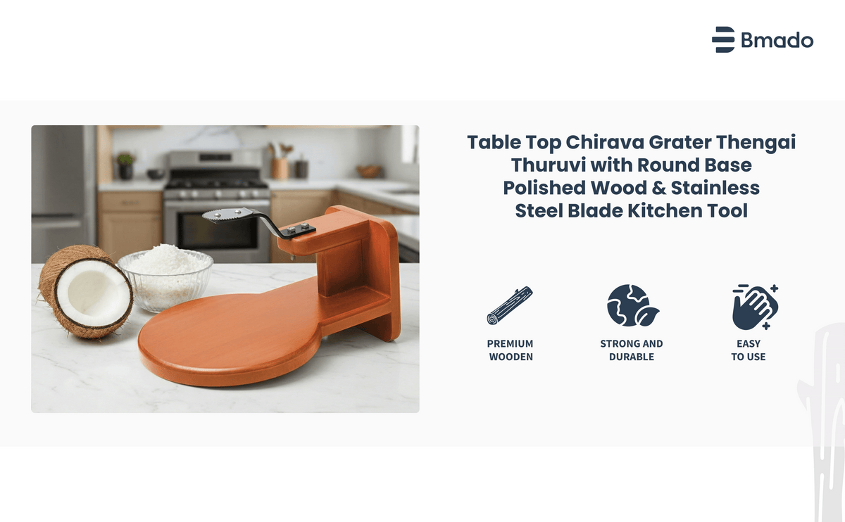 Table top chirava grater thengai with round base on a kitchen counter, featuring Bmado branding.
