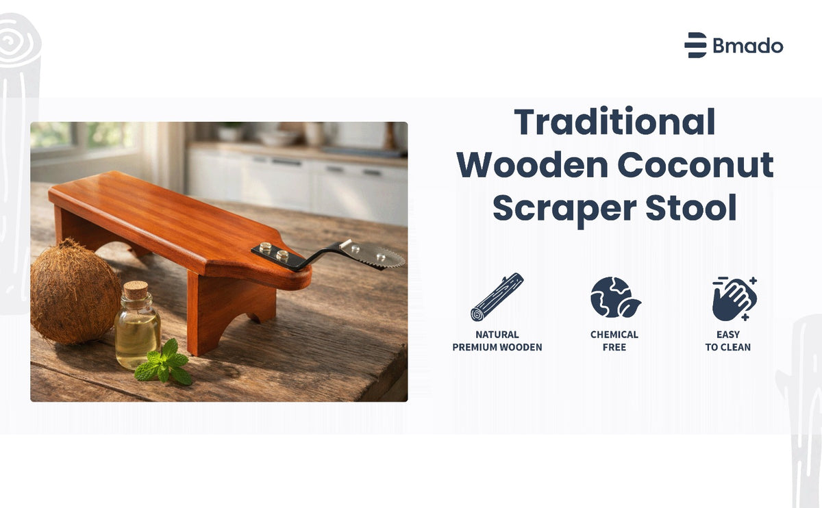 Traditional wooden coconut scraper stool on a wooden surface with Brado branding.
