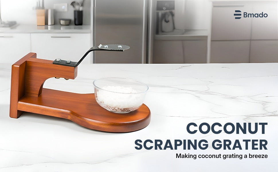 Wooden Coconut Scraper with Round Base Stainless Steel Blade Kitchen Tool