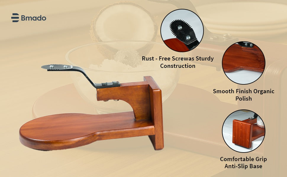 Wooden Coconut Scraper with Round Base Stainless Steel Blade Kitchen Tool