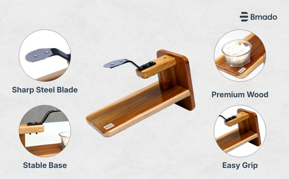 Traditional Teak Table Top Coconut Scraper with Stainless Steel Blade