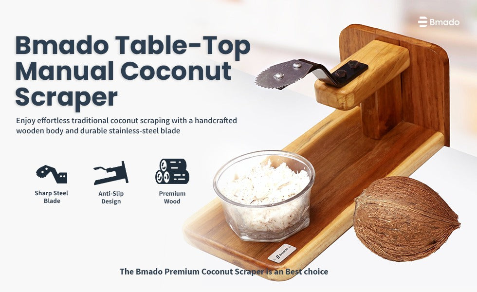 Traditional Teak Table Top Coconut Scraper with Stainless Steel Blade