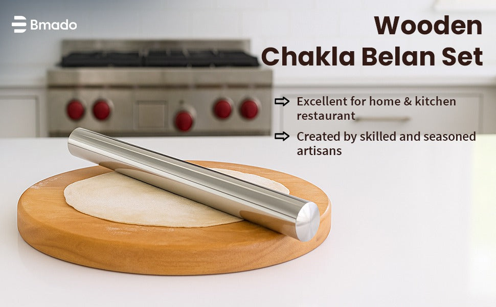 Wooden Chakla Belan Set Stainless Steel Rolling Pin Bmado Kitchen
