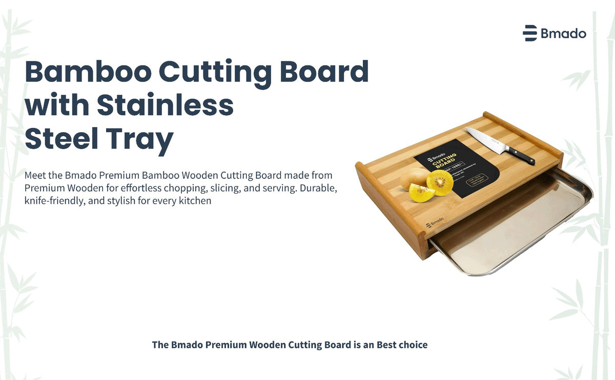 Bamboo Cutting Board with Sliding Stainless Steel Tray for Kitchen Food Preparation