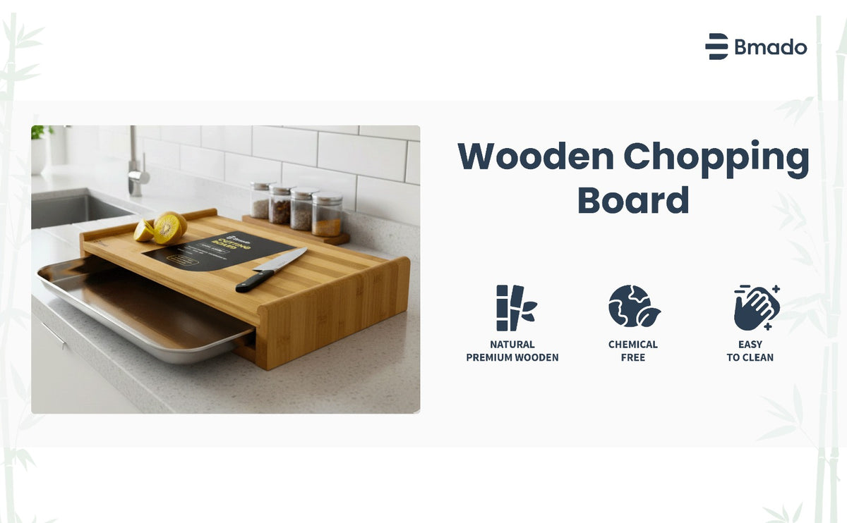 Bamboo Cutting Board with Sliding Stainless Steel Tray for Kitchen Food Preparation