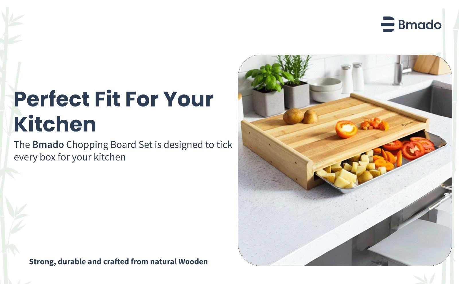 Bamboo Cutting Board with Sliding Stainless Steel Tray for Kitchen Food Preparation