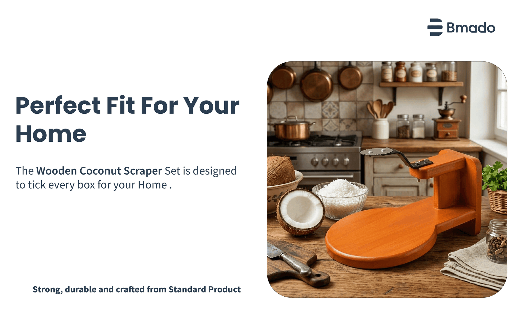 Wooden coconut scraper set on a kitchen counter with Bmado branding.