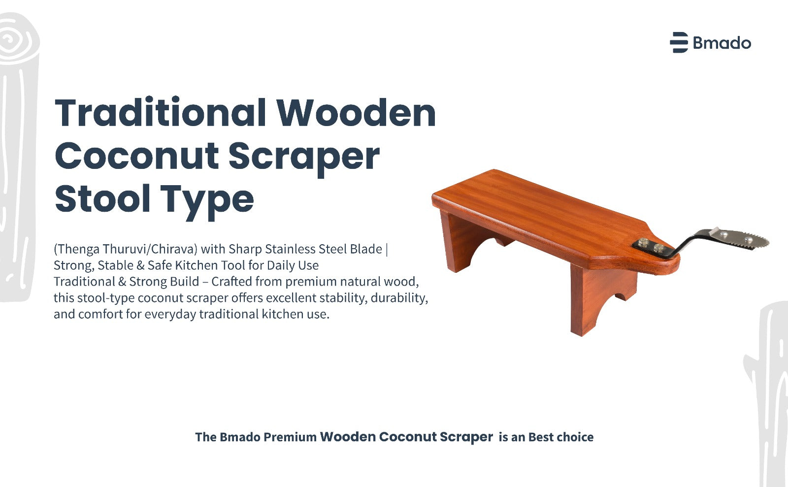 Wooden coconut scraper stool with text on a white background