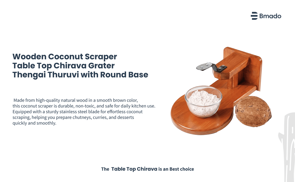 Wooden coconut scraper with a bowl of grated coconut and a coconut on a white background.